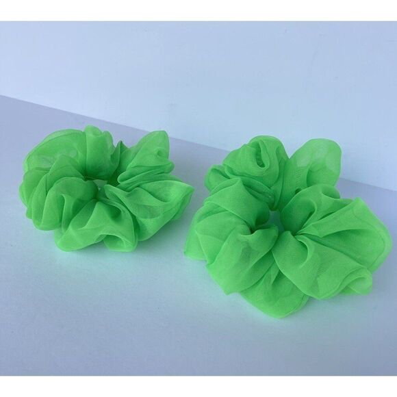New Green Neon Mesh Scrunchie Hair Tie 2 XLarge Set - Picture 3 of 5